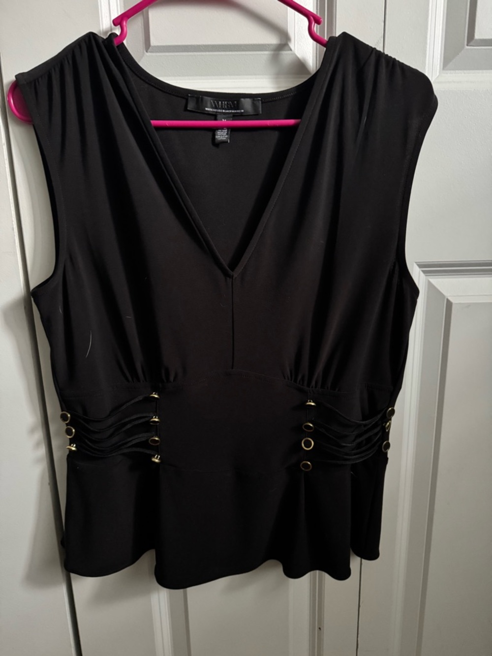White House Black Market Black Sleeveless V-Neck Top with Gold Ring Details